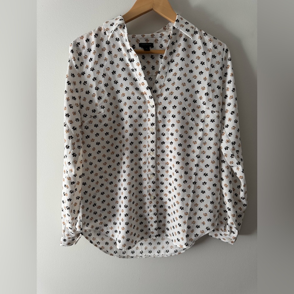 Ann Taylor White Blouse with Black and Brown Floral Pattern
